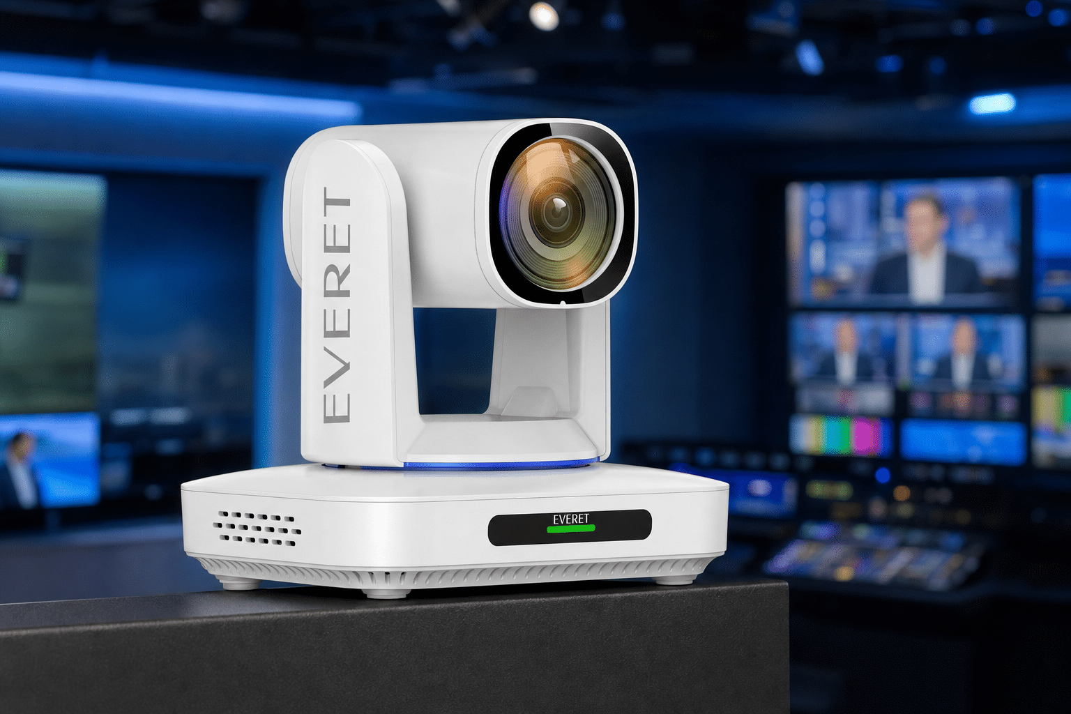 A professional black PTZ video camera mounted in a modern studio environment