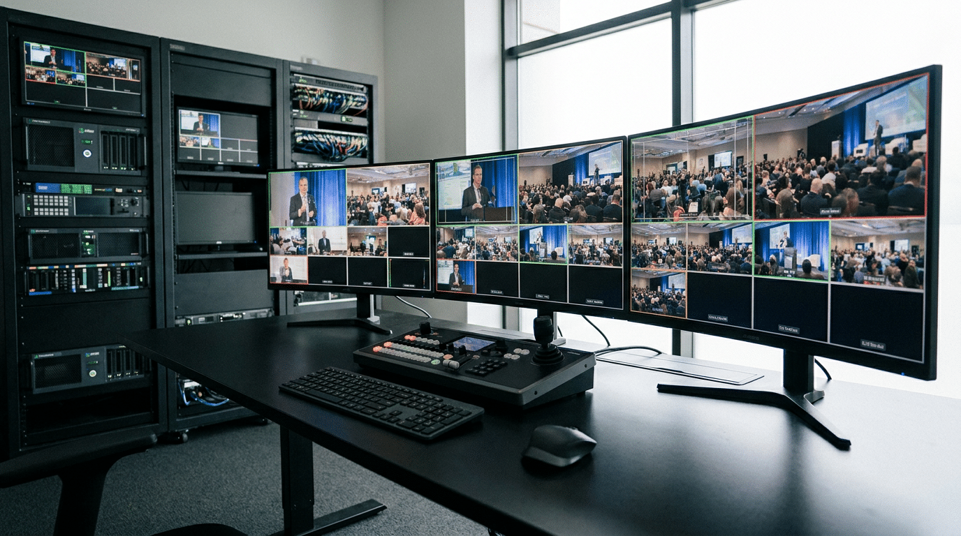 A photorealistic shot of a modern broadcast control room workstation with a hardware PTZ joystick controller on a dark wooden desk, multiple multi-view monitors displaying live PTZ camera feeds from remote venues, broadcast video equipment background